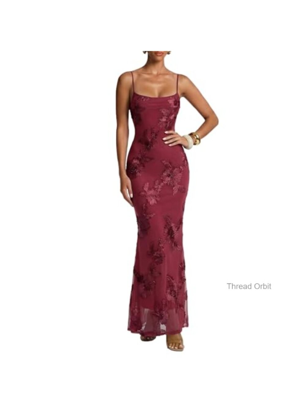 Satin Floral Mesh Bodycon Maxi Formal Dress Square Neck